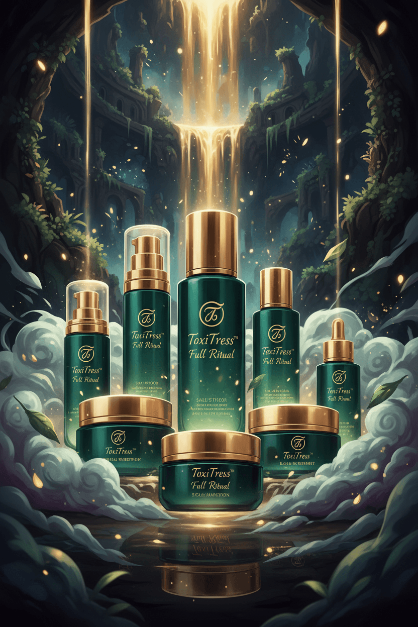 Toxitress ritual products arranged in a rich, forest-inspired scene
