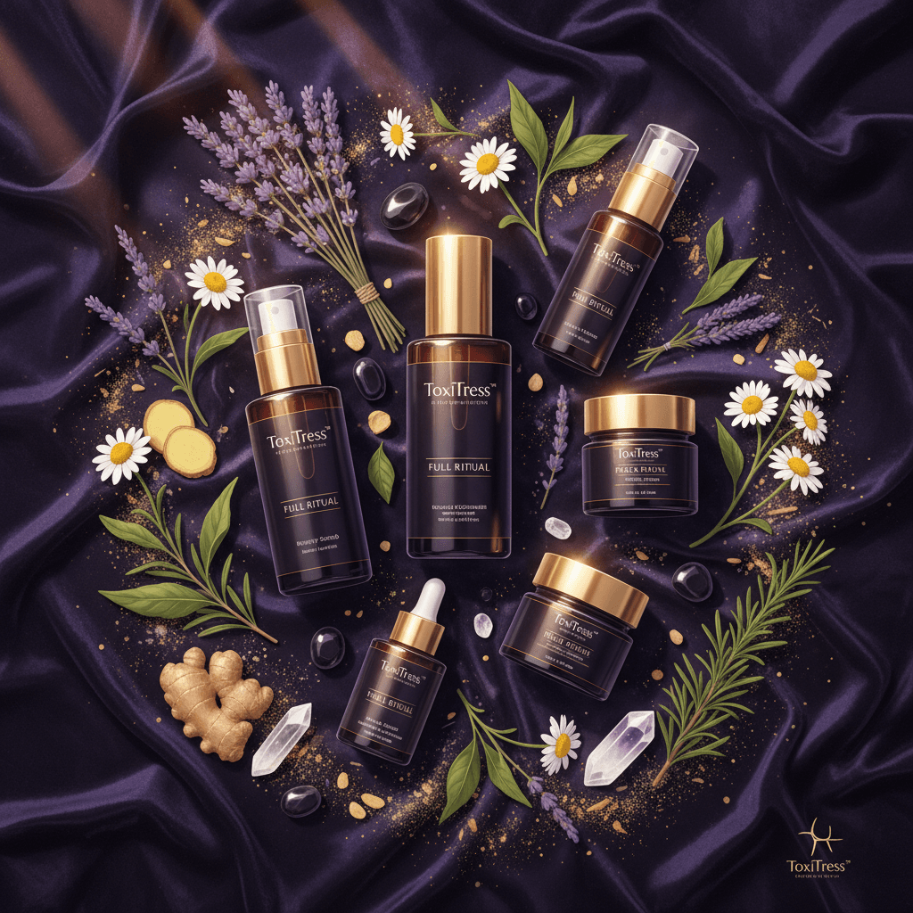 Toxitress products arranged with botanicals and ritual textures